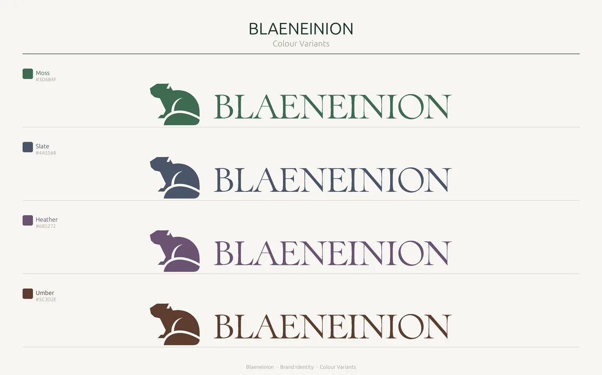 The Blaeneinion beaver mark and wordmark in moss, slate, heather and umber