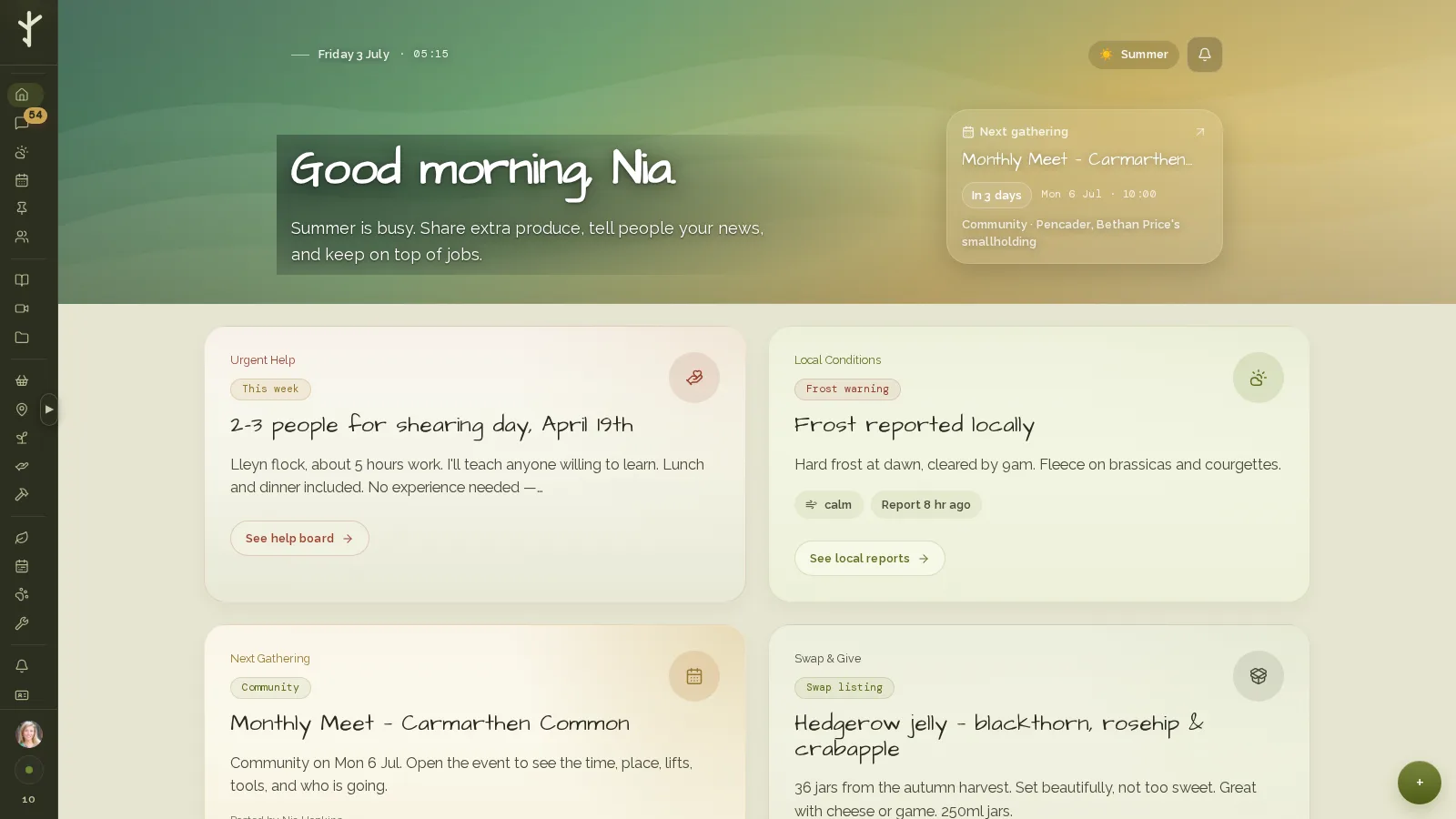 The Gwerin community platform home screen with its module grid