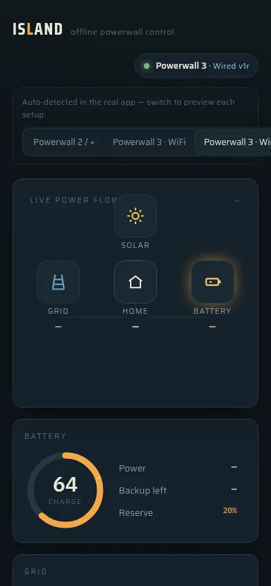 Island, a signed Android app controlling a real home Powerwall, showing 64 percent charge and live power flow