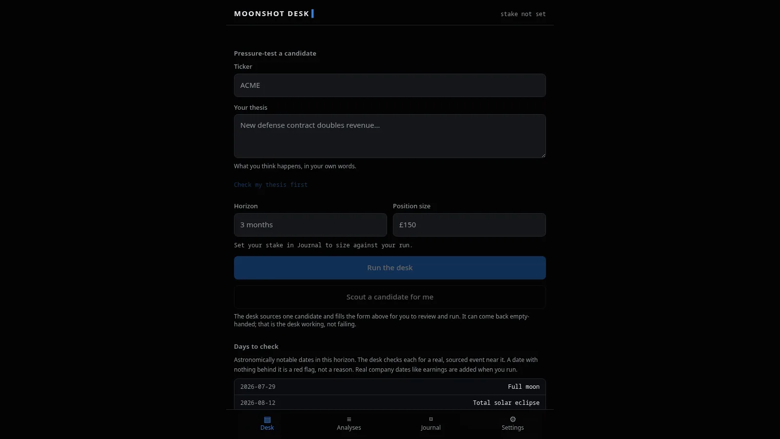 The Moonshot stock analyst app showing a verdict on a ticker