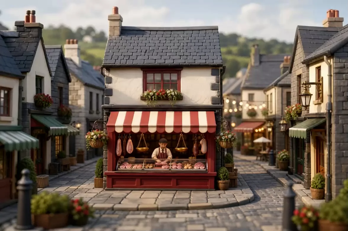 Y Stryd Fawr scroll world poster: a miniature Welsh butcher's shopfront